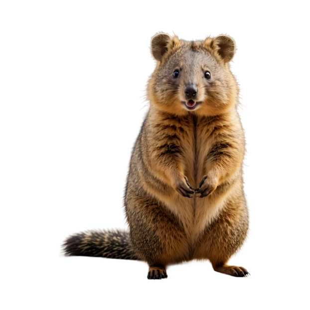 Smiling quokka standing isolated on white background