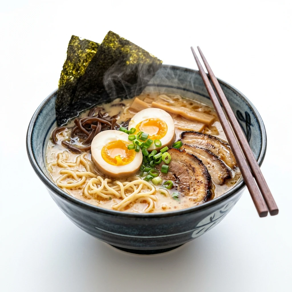 Steaming bowl of Japanese ramen with pork and eggs