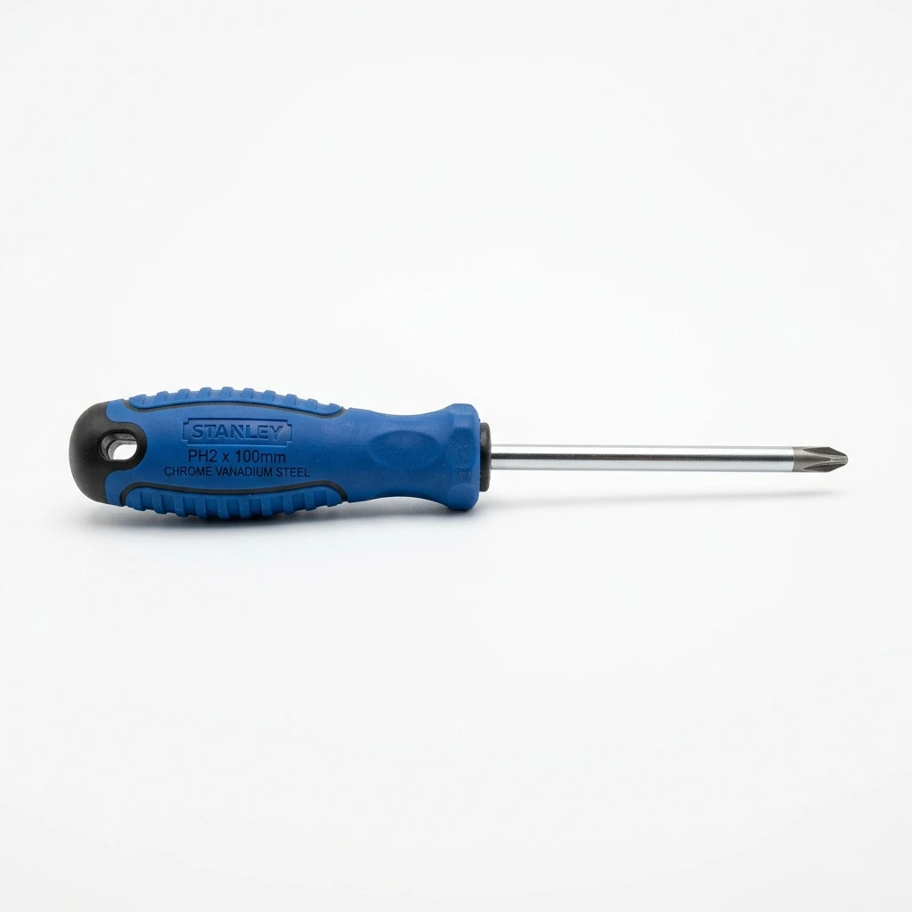 Phillips head screwdriver with blue handle on white background