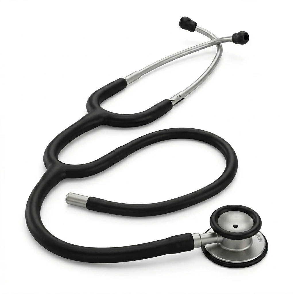 Professional black medical stethoscope isolated on white background
