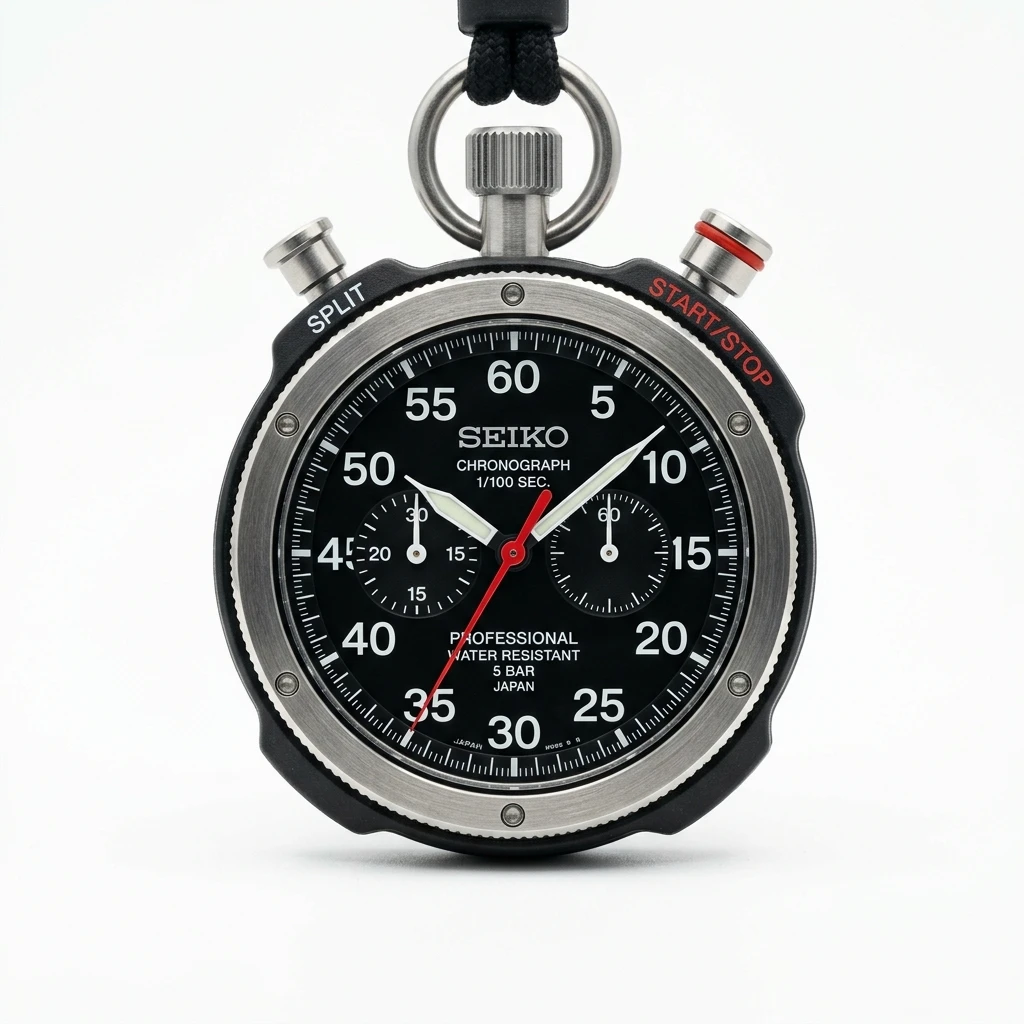 Professional Seiko analog chronograph stopwatch on white background