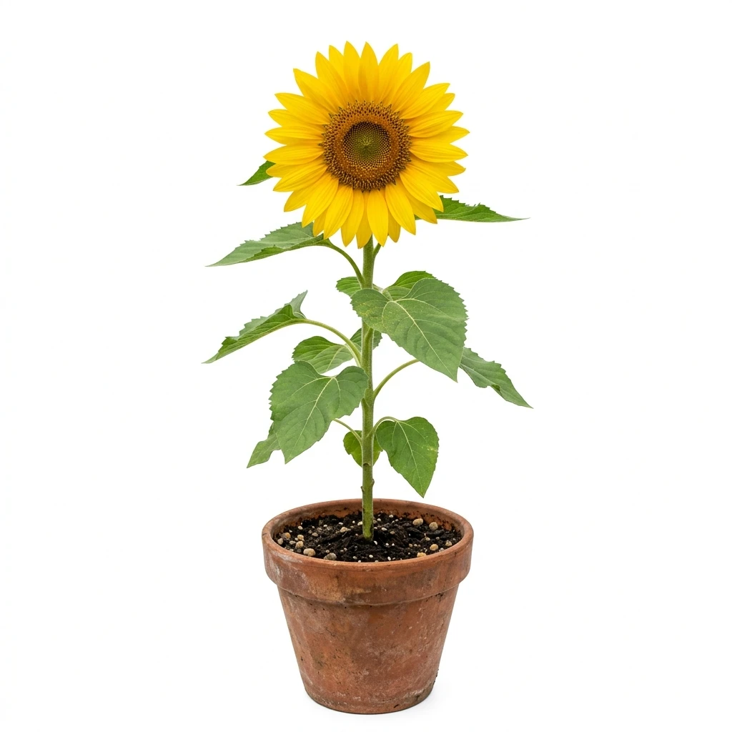 Single blooming sunflower in terracotta pot on white background
