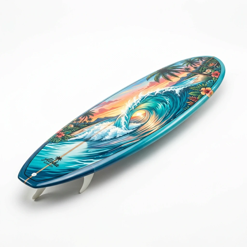 Artistic surfboard with tropical ocean wave and palm tree graphic