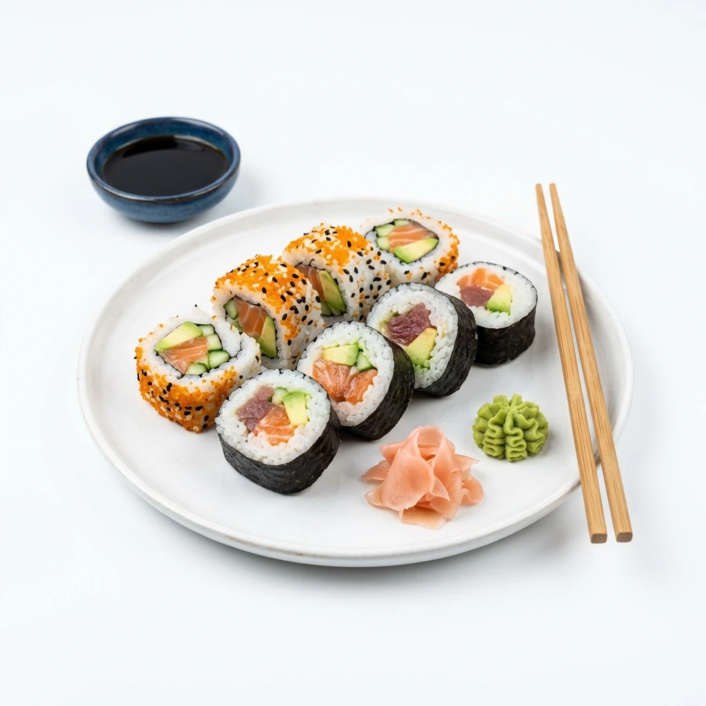 Assorted sushi rolls on a plate with ginger and wasabi