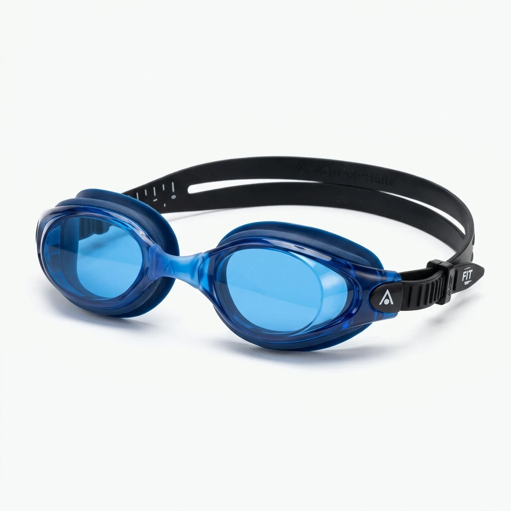 Blue swimming goggles with black strap on white background