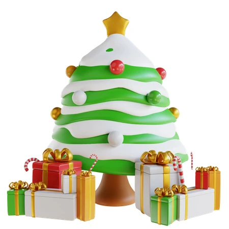 3D rendered Christmas tree with snow and gift boxes
