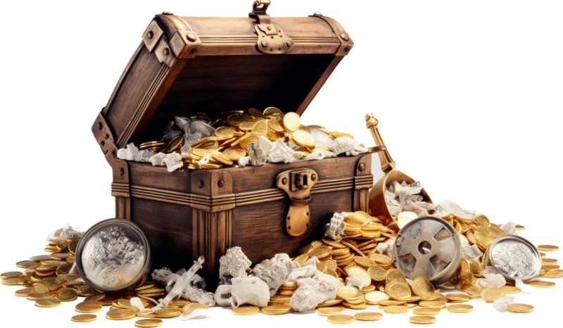Open wooden treasure chest overflowing with gold coins