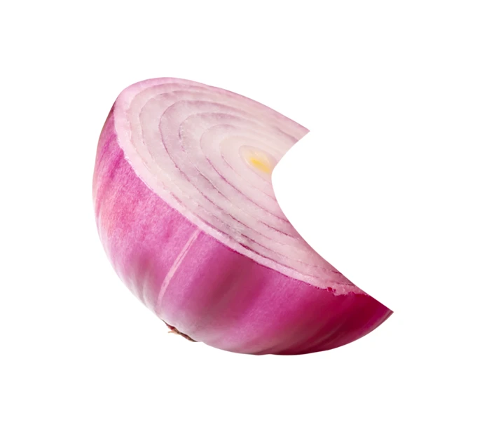 Slice of fresh red onion isolated on white background