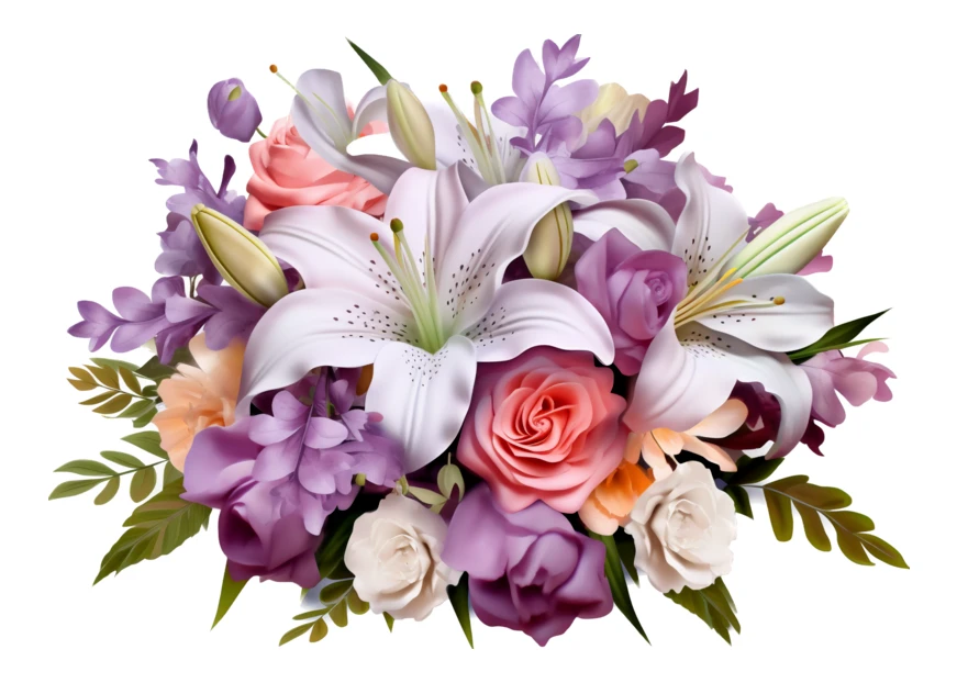 Elegant bouquet of lilies and roses on white background