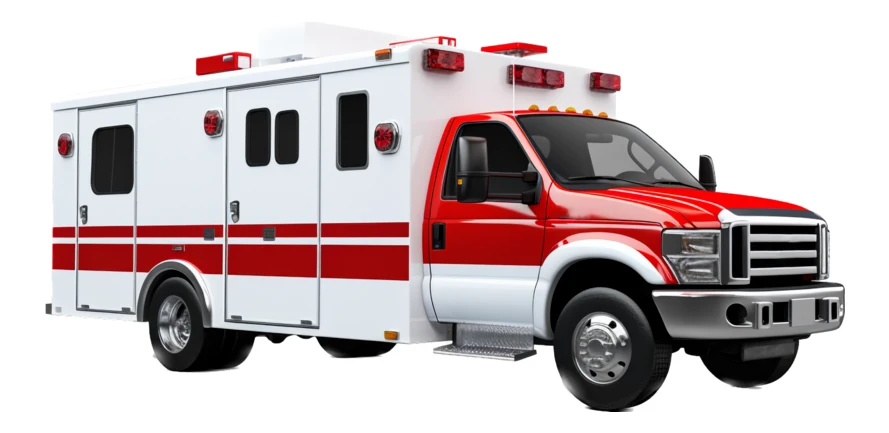 Red and white ambulance truck isolated on white background