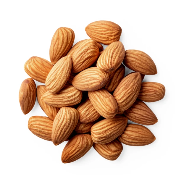 Pile of organic raw almonds isolated on white background