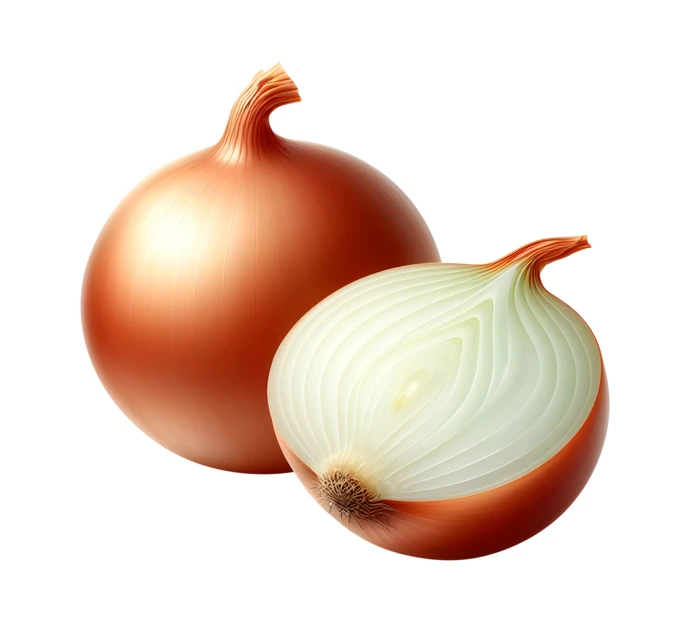 Whole and half yellow onions isolated on white background