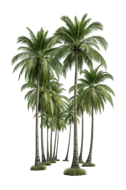 Row of coconut palm trees isolated on white background