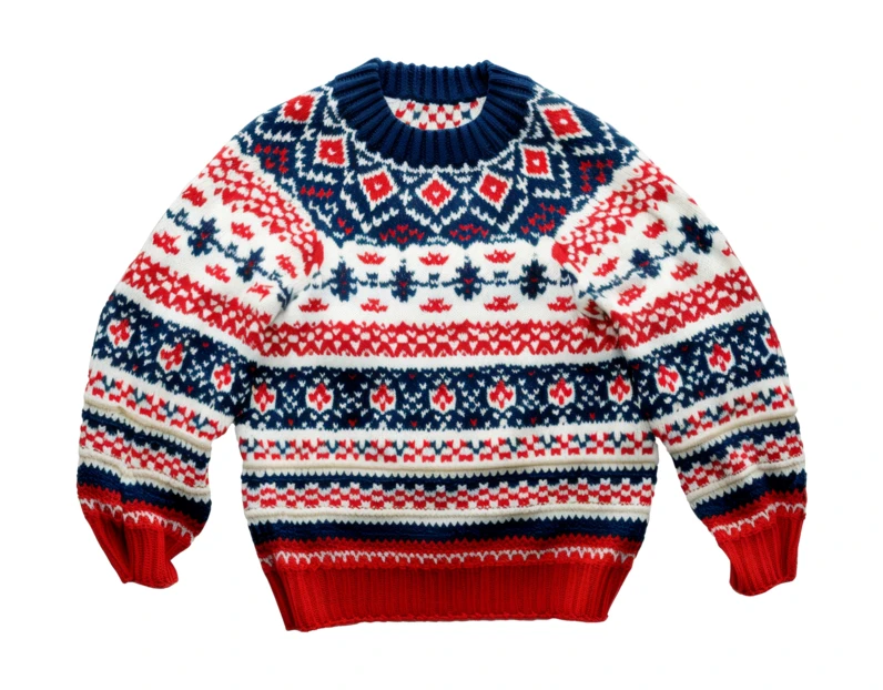 Knitted Fair Isle sweater in red and blue colors