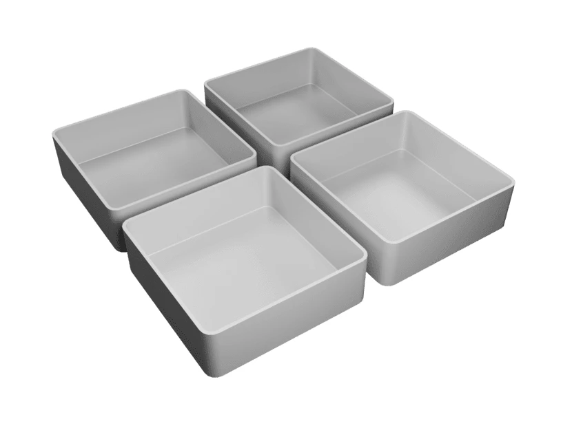 Four grey square plastic storage organizer bins