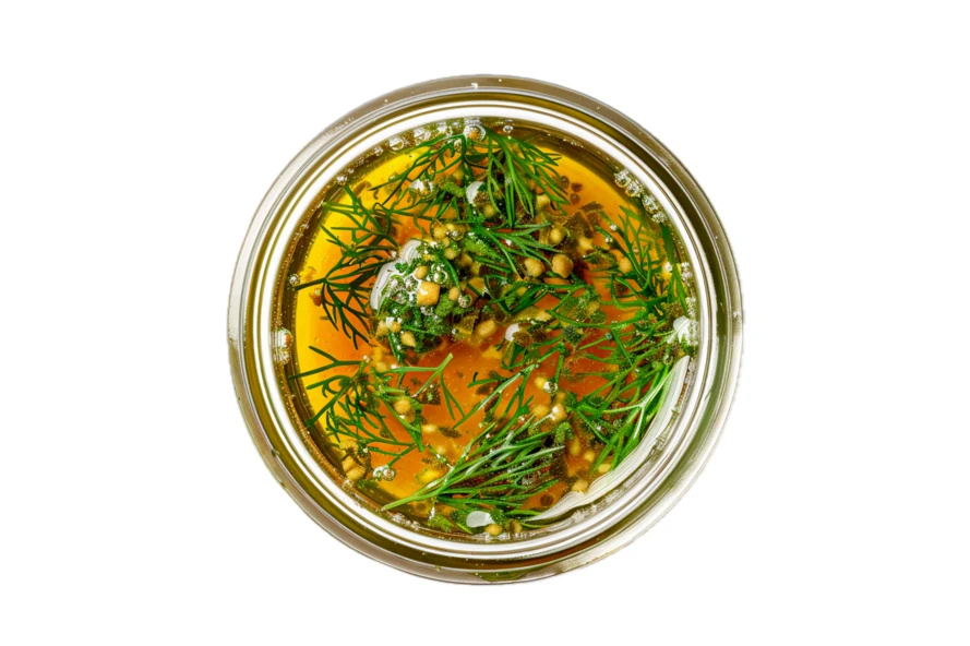 Top view of herb infused oil with dill and spices