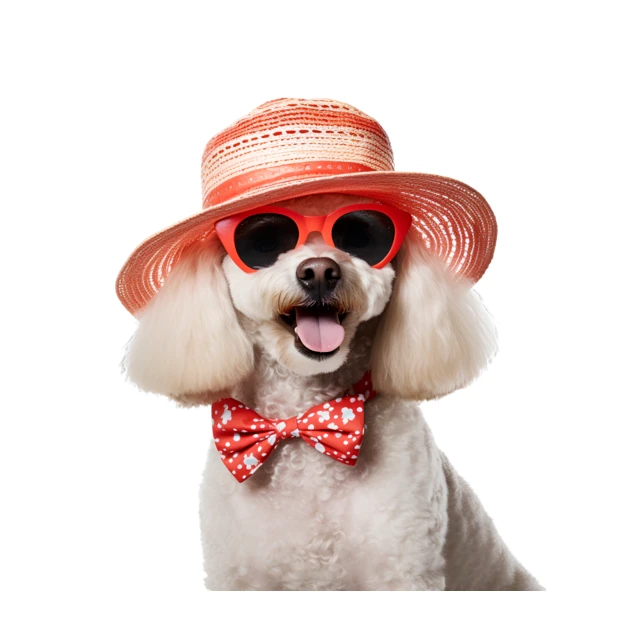 White poodle wearing sun hat, sunglasses, and red bow tie