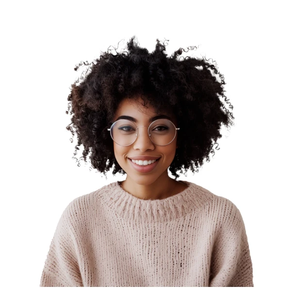 Smiling young woman with afro hair and round glasses
