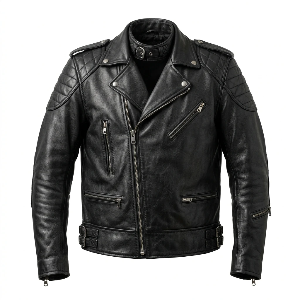 Classic black leather biker jacket with quilted shoulder detail