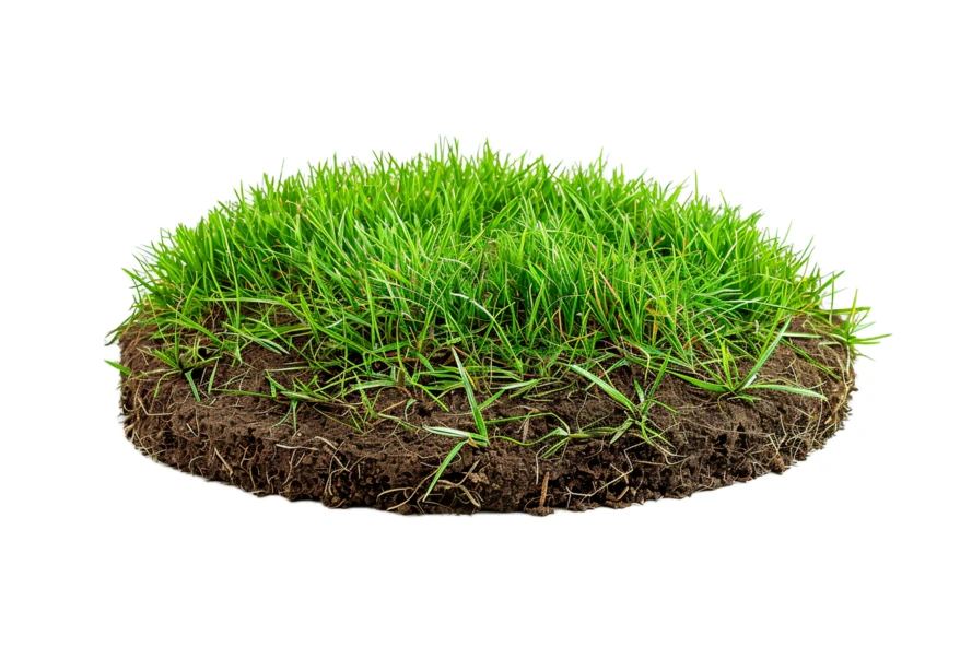 Round patch of green grass and soil isolated on white