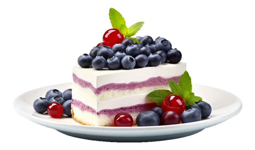 Slice of layered berry cake topped with fresh blueberries