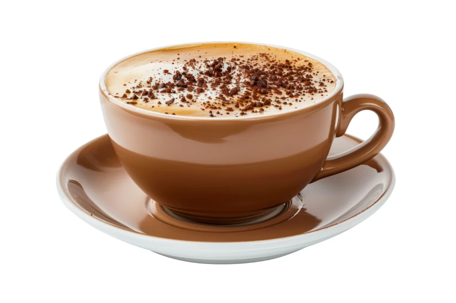 Cappuccino in brown ceramic cup isolated on white background