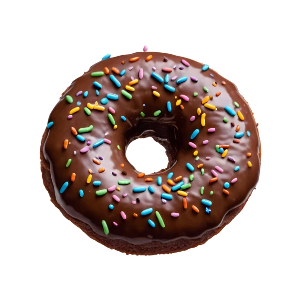 Chocolate glazed donut with colorful sprinkles isolated on white