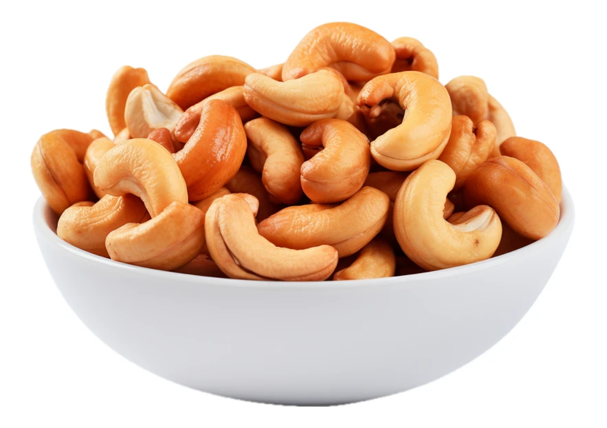 Roasted cashew nuts in a white bowl isolated on white