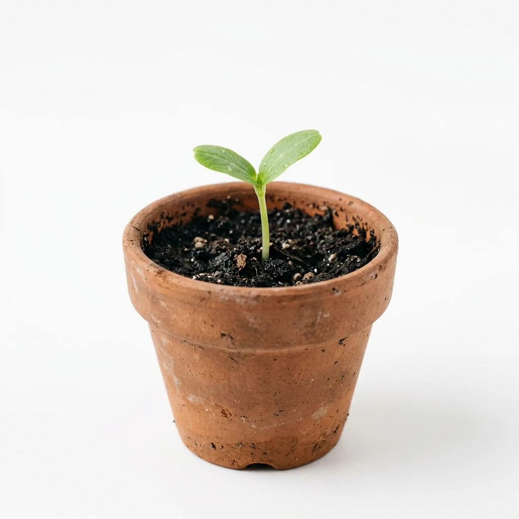 Young green seedling growing in a terracotta clay pot