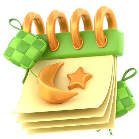 3D Ramadan calendar illustration with crescent moon and ketupat