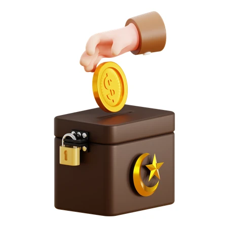 3D hand putting gold coin into Islamic donation box