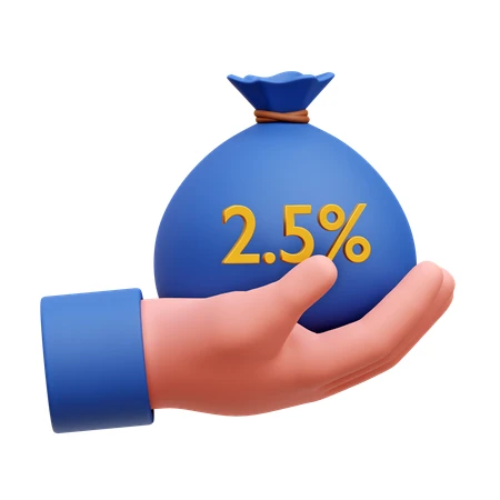 3D hand holding blue money bag with 2.5 percent rate