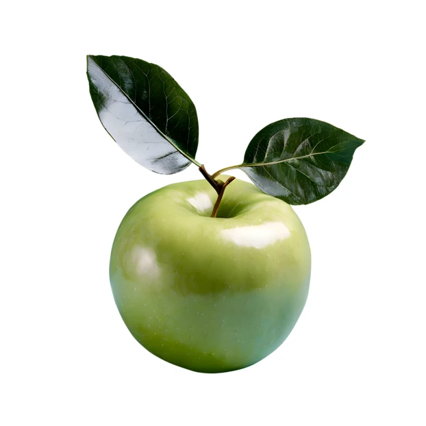 Fresh green Granny Smith apple with leaves on white background