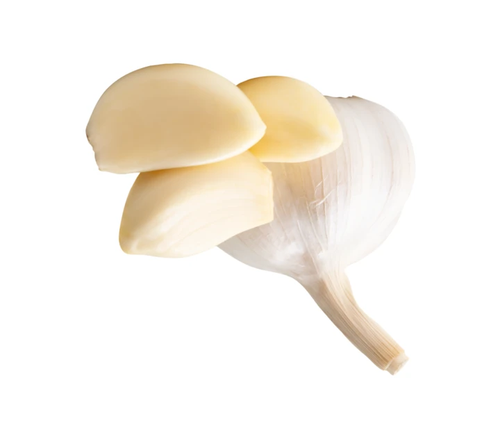 Whole garlic bulb and peeled cloves on white background