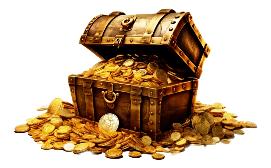 Open wooden treasure chest overflowing with gold coins