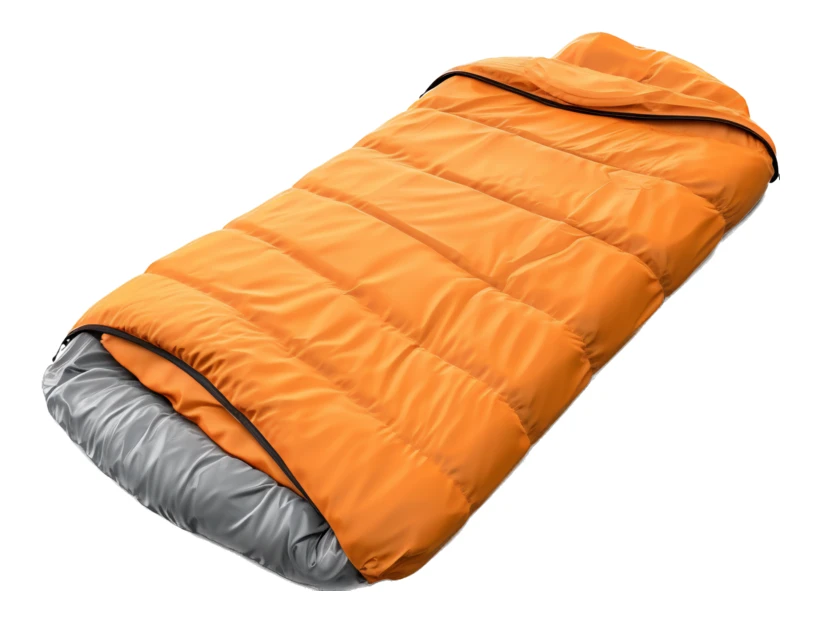 Bright orange quilted sleeping bag on white background