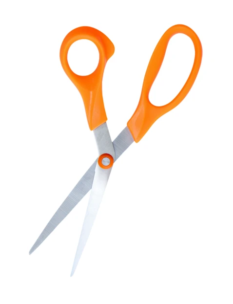 Pair of orange-handled scissors isolated on white background