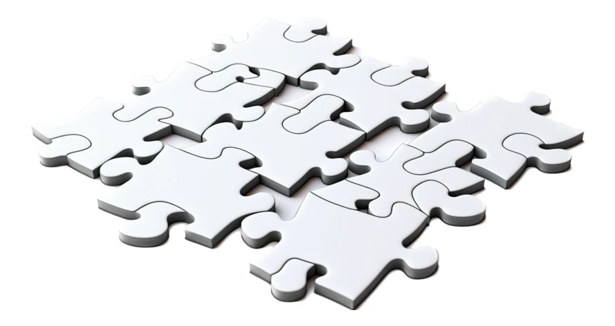 White jigsaw puzzle pieces fitting together on white background