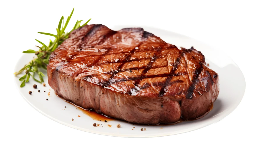 Grilled beef steak with rosemary on a white plate