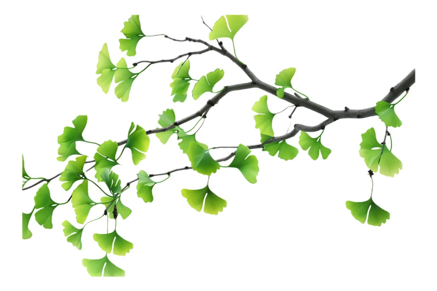 Ginkgo biloba branch with green leaves on white background