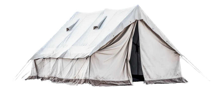 Large white canvas wall tent isolated on white background