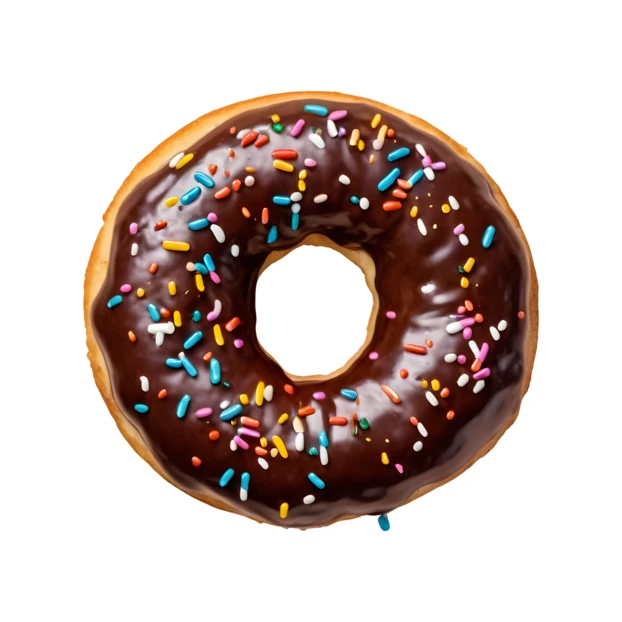 Chocolate glazed donut with colorful sprinkles on white background