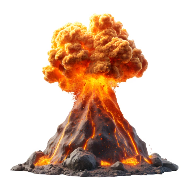 Volcano erupting with fire and smoke on white background