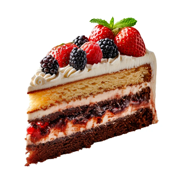 Layered berry cake slice isolated on white background