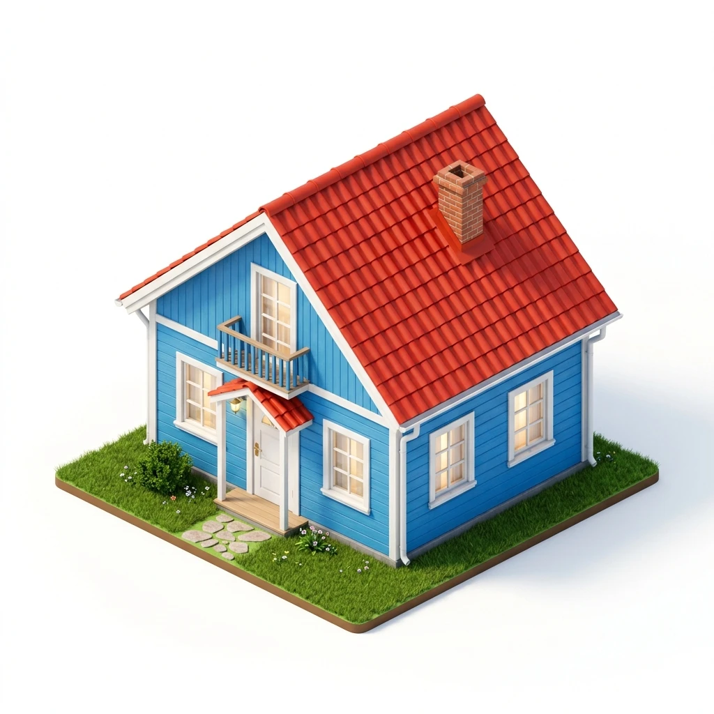 Isometric 3D model of a small blue suburban house
