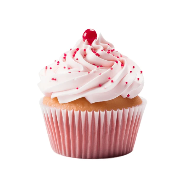 Pink cupcake with buttercream frosting and sprinkles on white background