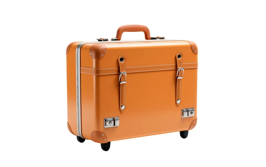 Vintage orange leather suitcase with wheels isolated on white