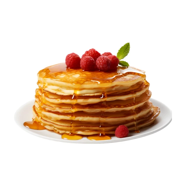 Stack of fluffy pancakes with raspberries and syrup isolated