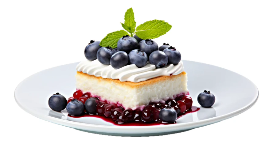 Cheesecake slice with fresh blueberries and mint on white background
