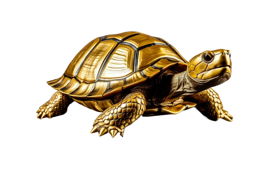 Golden tortoise sculpture isolated on white background